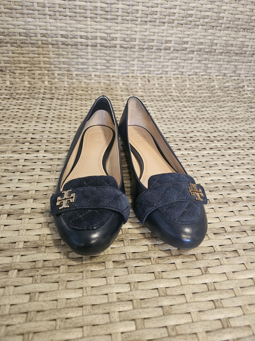 Tory Burch Navy Quilted Leather Ballet Flats with Gold Logo Accent